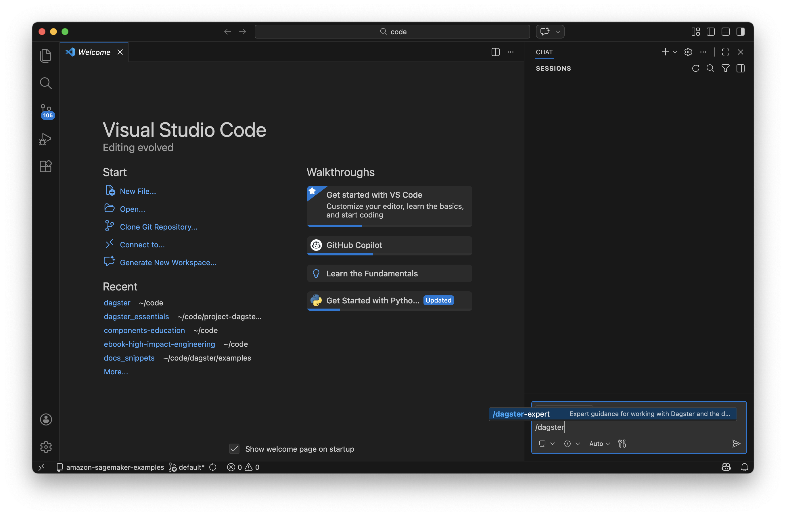 GitHub Copilot Chat showing the Dagster skills available